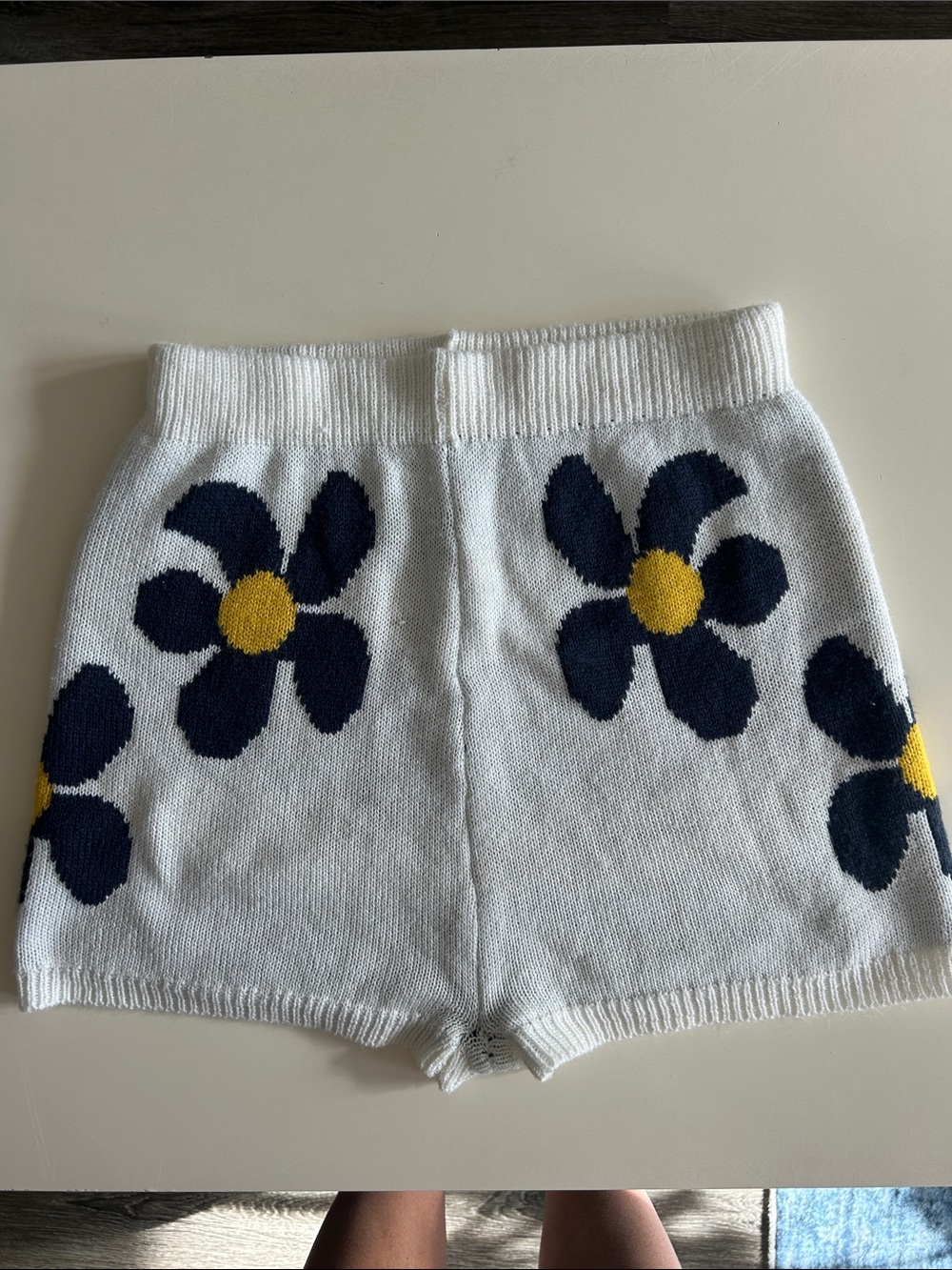 Knit Floral High-Rise Shorts with Navy and Yellow Blooms
